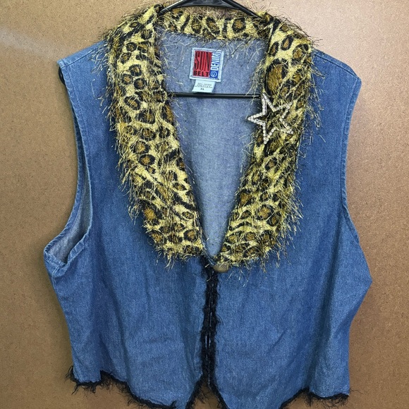 Sunbelt Denim Vest Leopard Faux Fur Collar Rhinestone Star XL - Picture 1 of 6